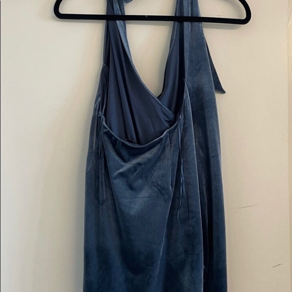 A world away velvet shimmer blue faux wrap dress
